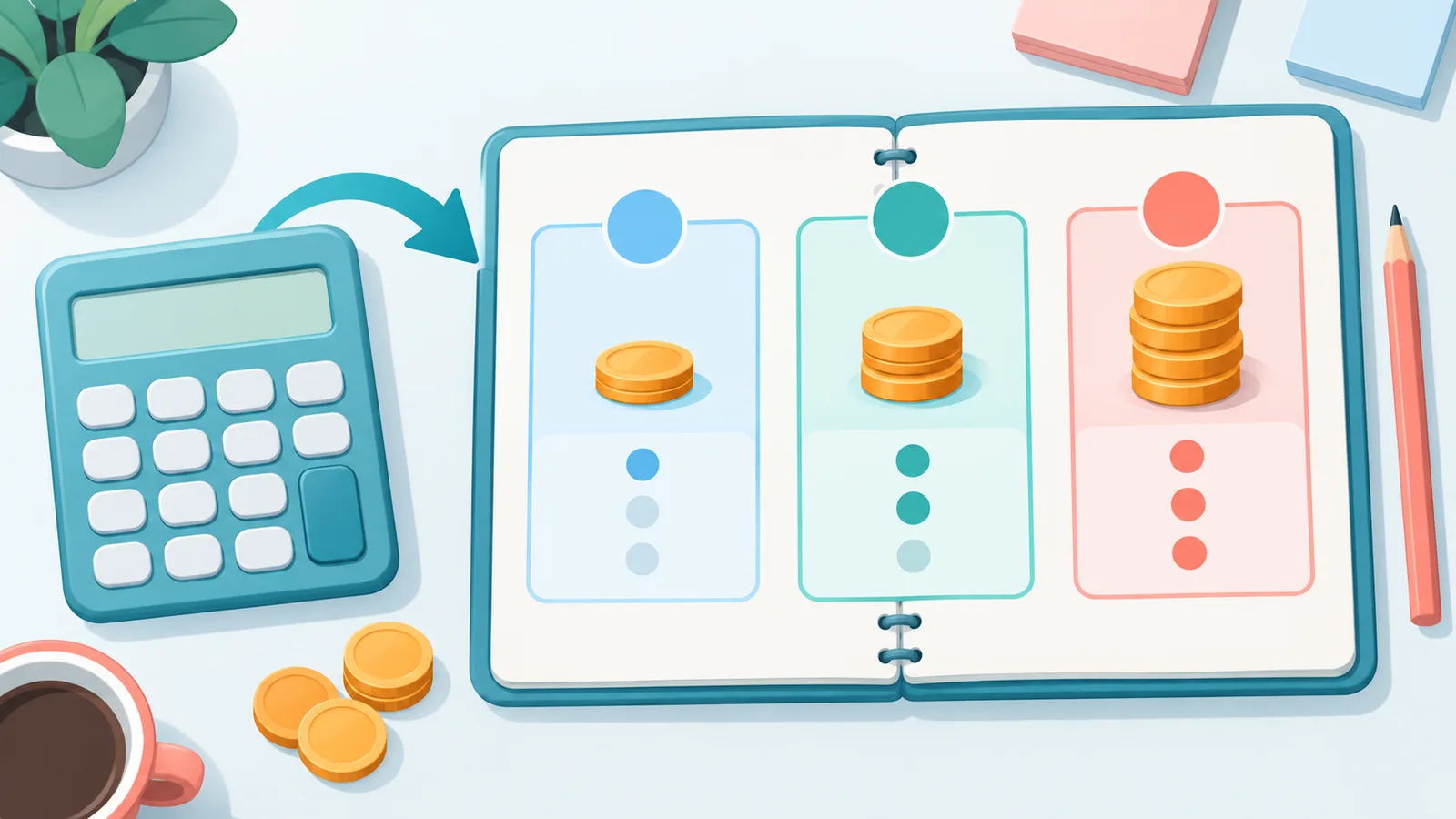 Calculadora y monedas junto a un cuaderno con planes de precios