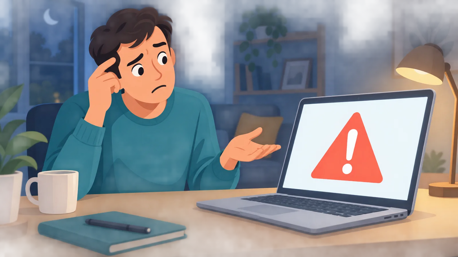 Persona confundida frente a un aviso de error en la pantalla