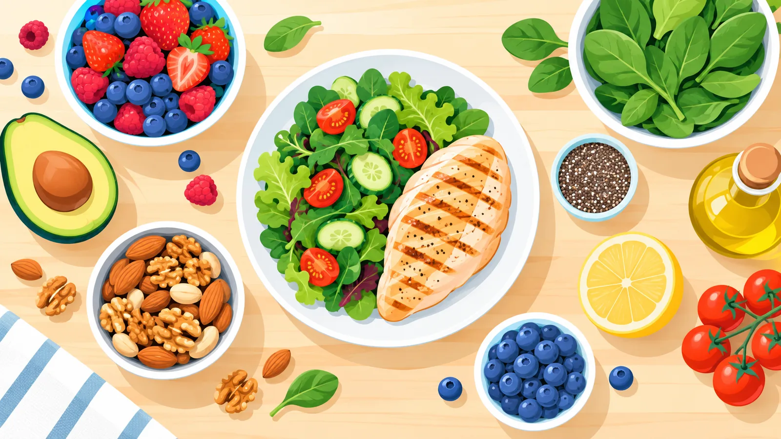 Mesa con alimentos saludables recomendados para la lactancia