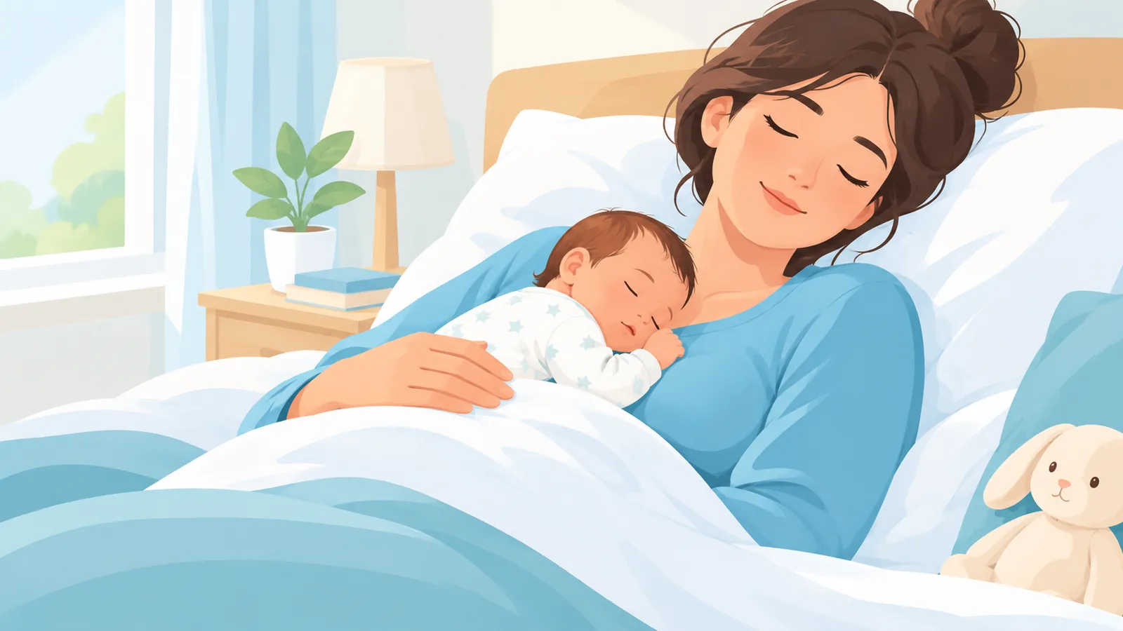 Madre descansando con su bebé semanas después del parto