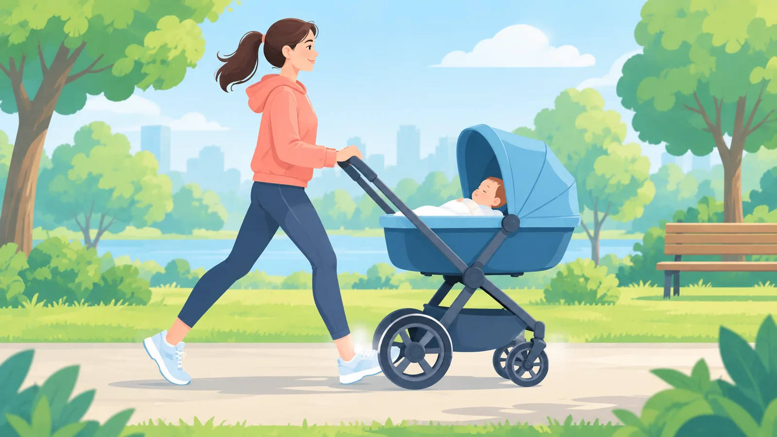 Madre caminando con el cochecito en un parque