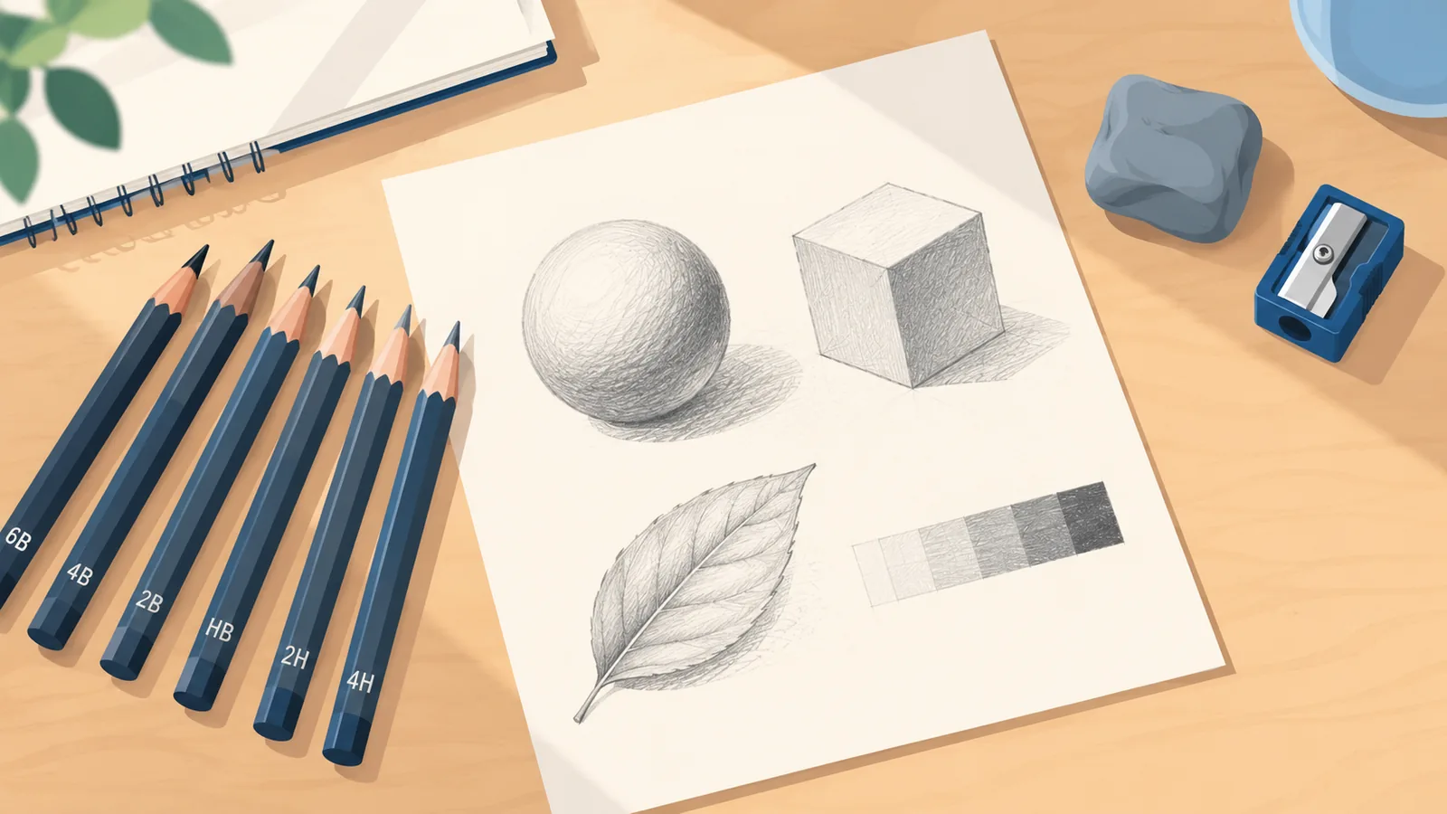 Mesa de dibujo con lápices de grafito, goma moldeable y papel