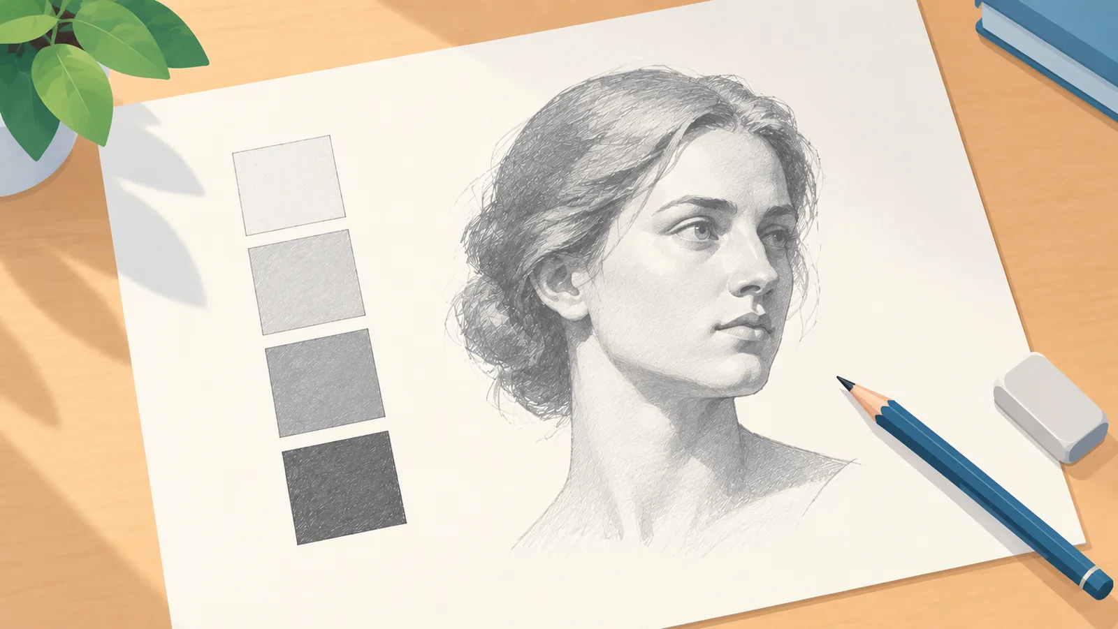 Escala tonal de cuatro valores junto a un estudio de retrato sombreado