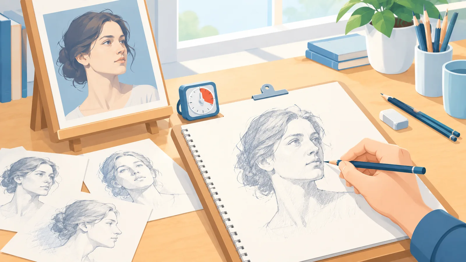 Artista realizando un estudio rápido de retrato a partir de una fotografía