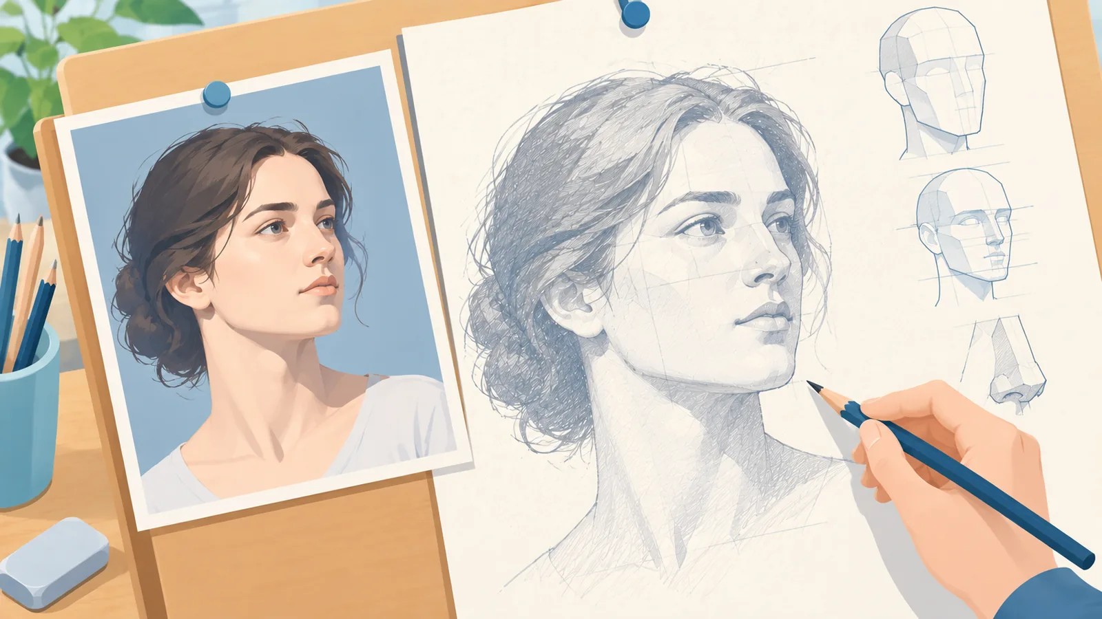Dibujo de retrato comparado con su referencia para corregir los planos