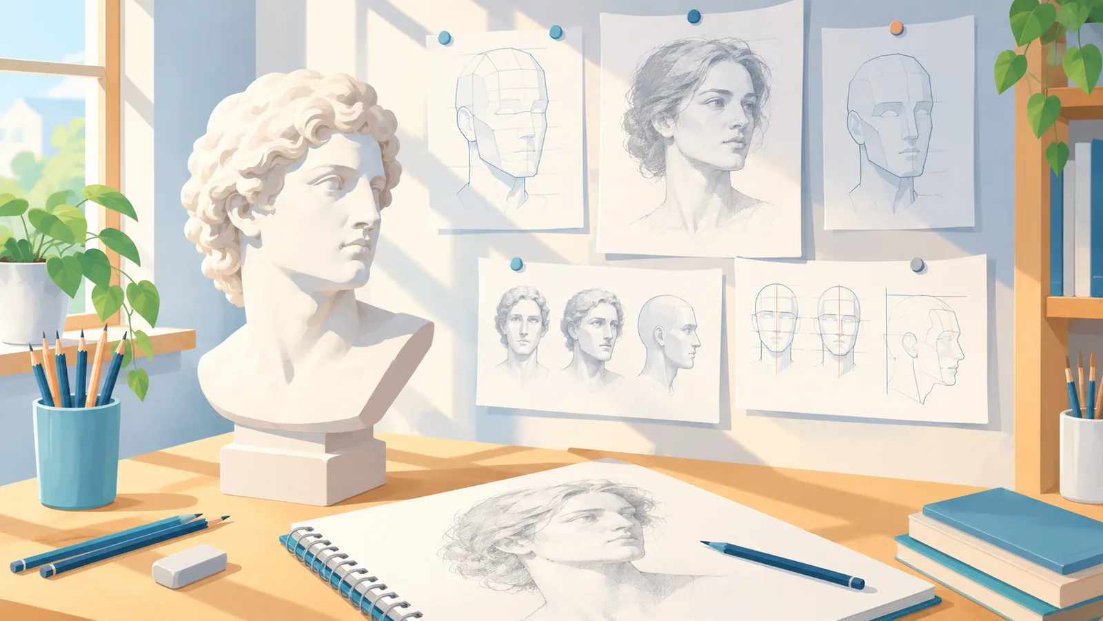 Rincón de estudio de dibujo con busto de yeso y hojas de práctica