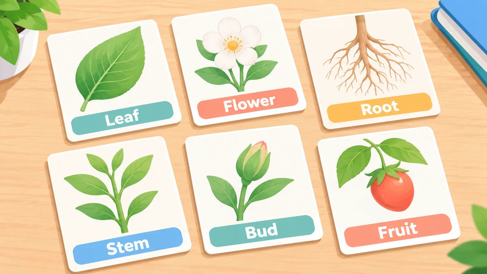 Fichas ilustradas con distintas partes de las plantas sobre una mesa