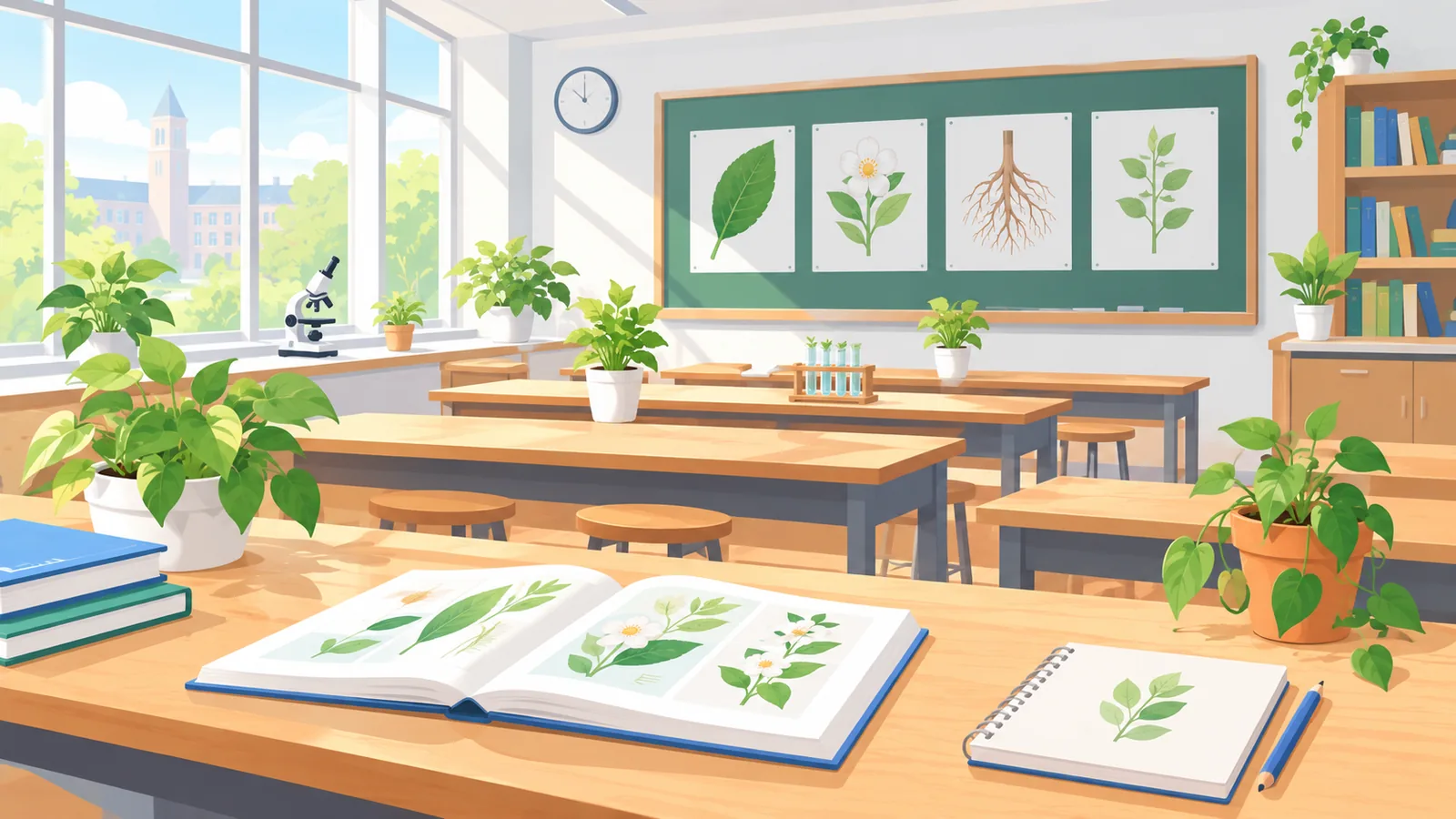 Aula luminosa de botánica con bancos de madera y plantas en maceta