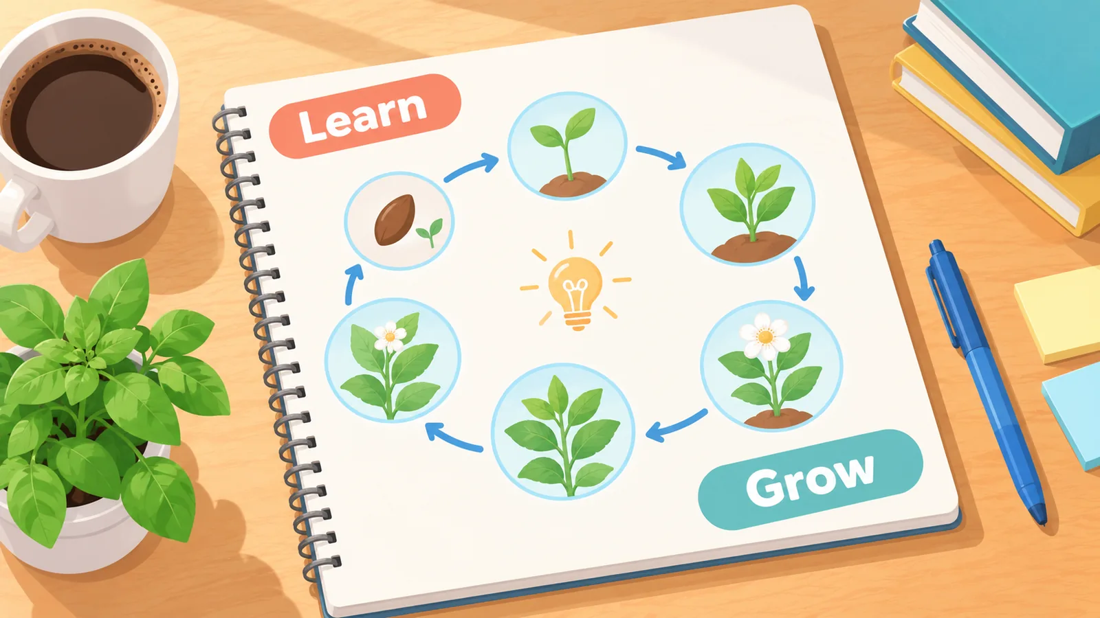 Cuaderno con un esquema de ruta de aprendizaje junto a una taza y una planta aromática
