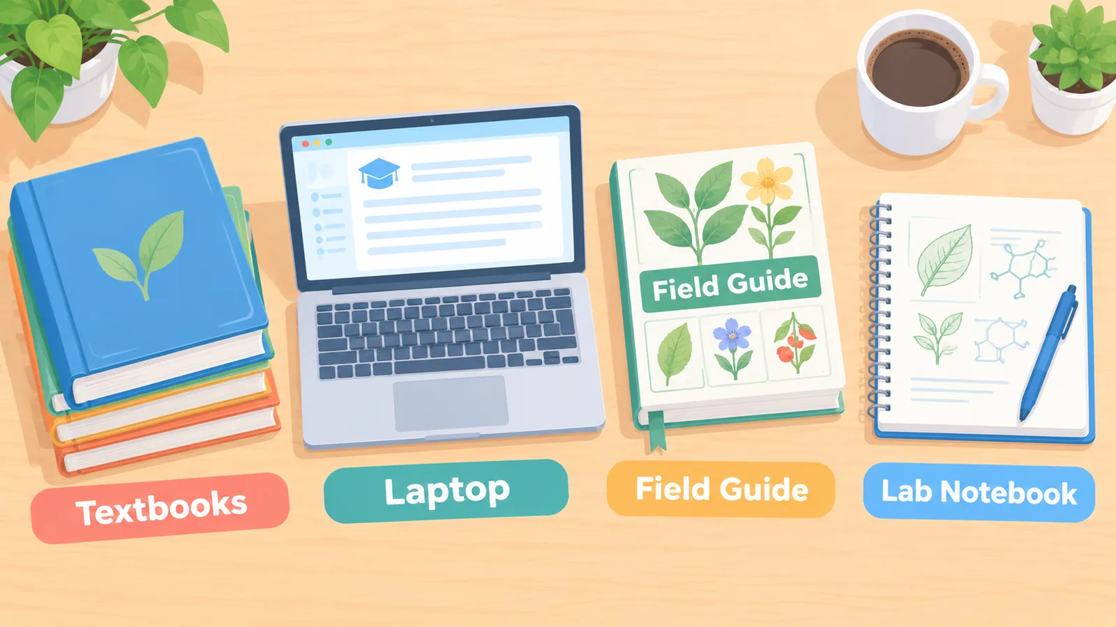Cuatro formas de estudiar plantas dispuestas en una mesa: libros, portátil, guía de campo y cuaderno
