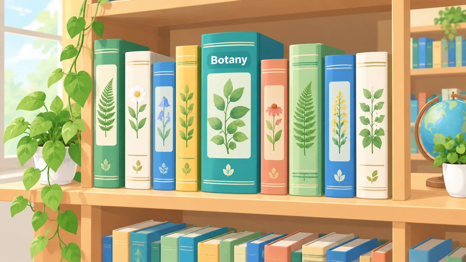 Estantería con libros de referencia y guías de campo de botánica