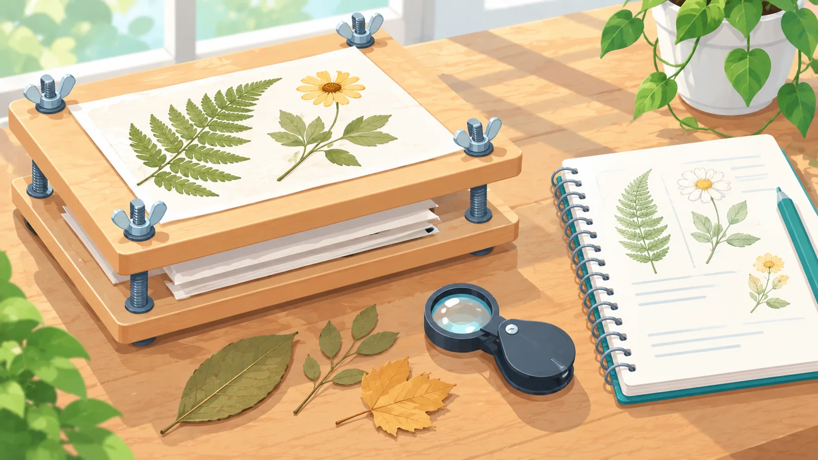 Prensa de plantas con hojas secas, lupa y cuaderno de registro sobre una mesa rústica