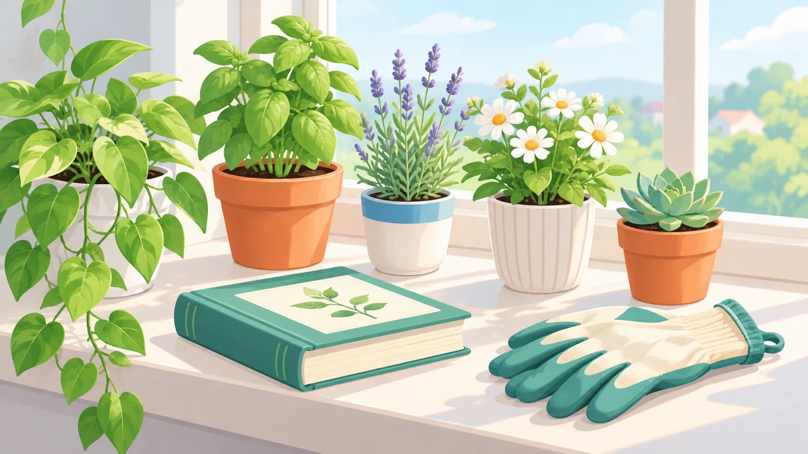 Hilera de plantas en maceta en una ventana junto a un libro y guantes de jardinería