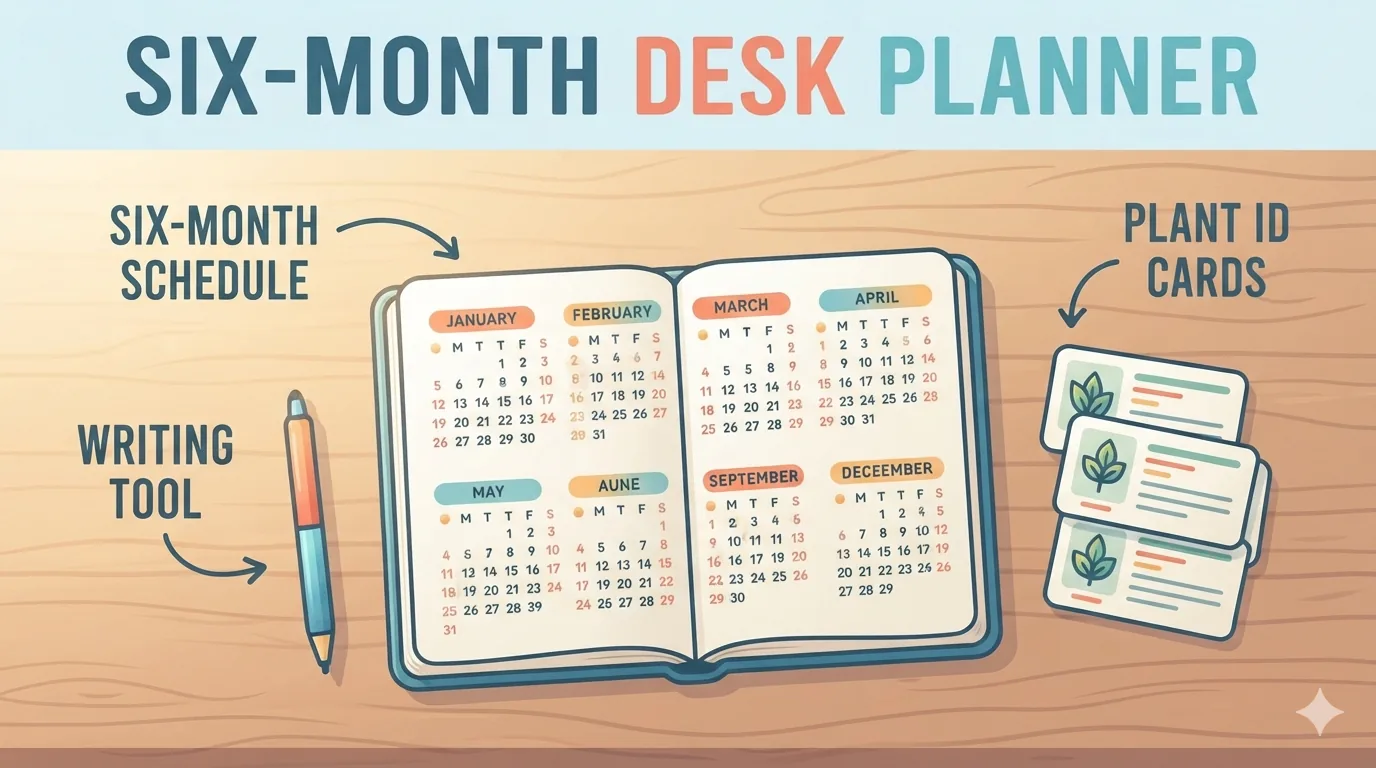 Calendario de seis meses con fichas de identificación de plantas y un lápiz