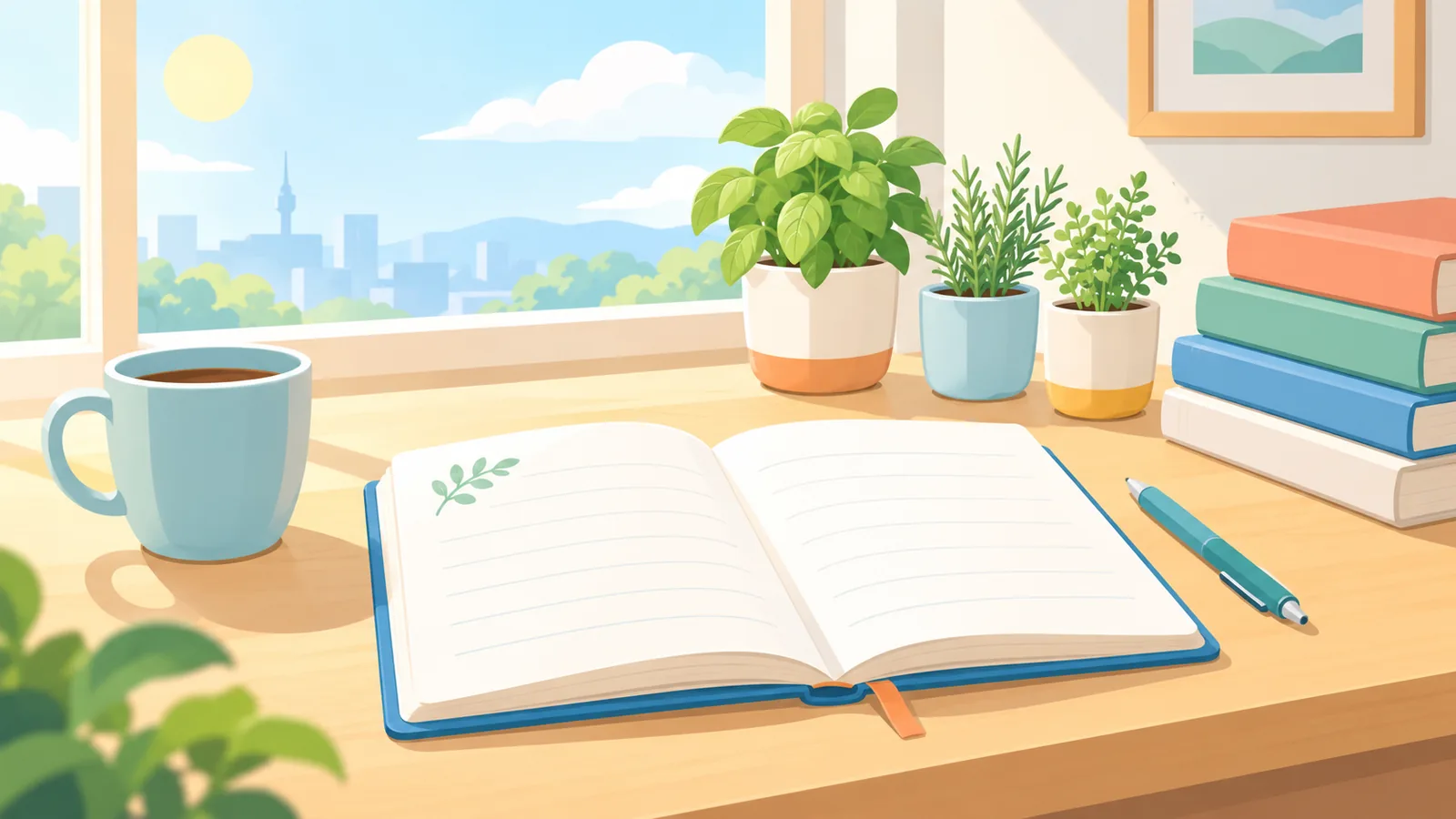 Escritorio soleado con un cuaderno abierto, hierbas en maceta y libros