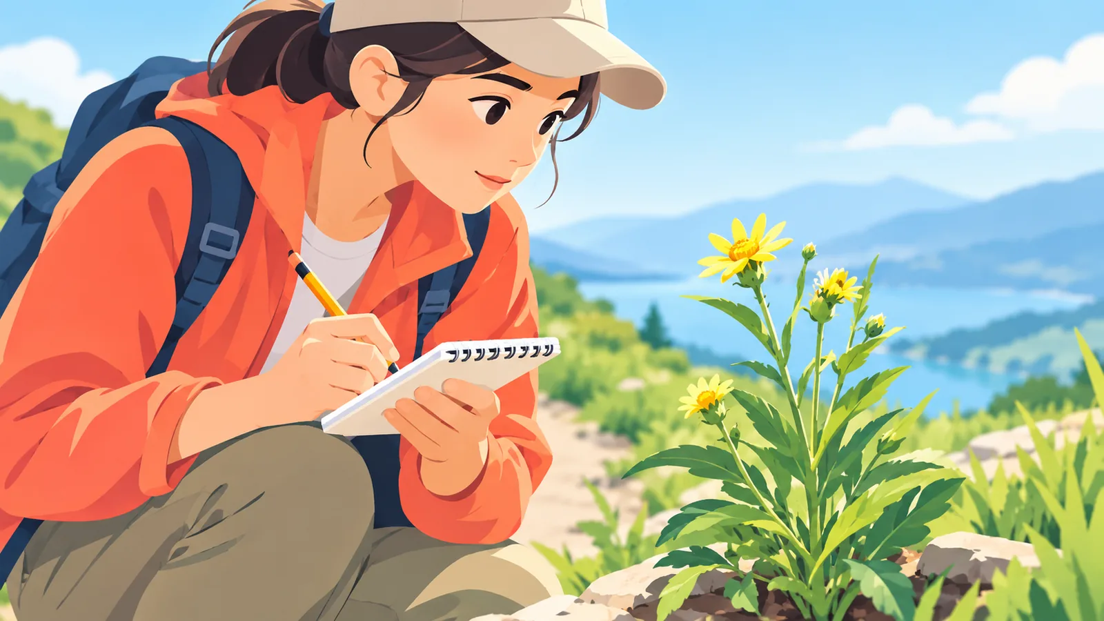 Persona observando una planta silvestre con un cuaderno en la mano
