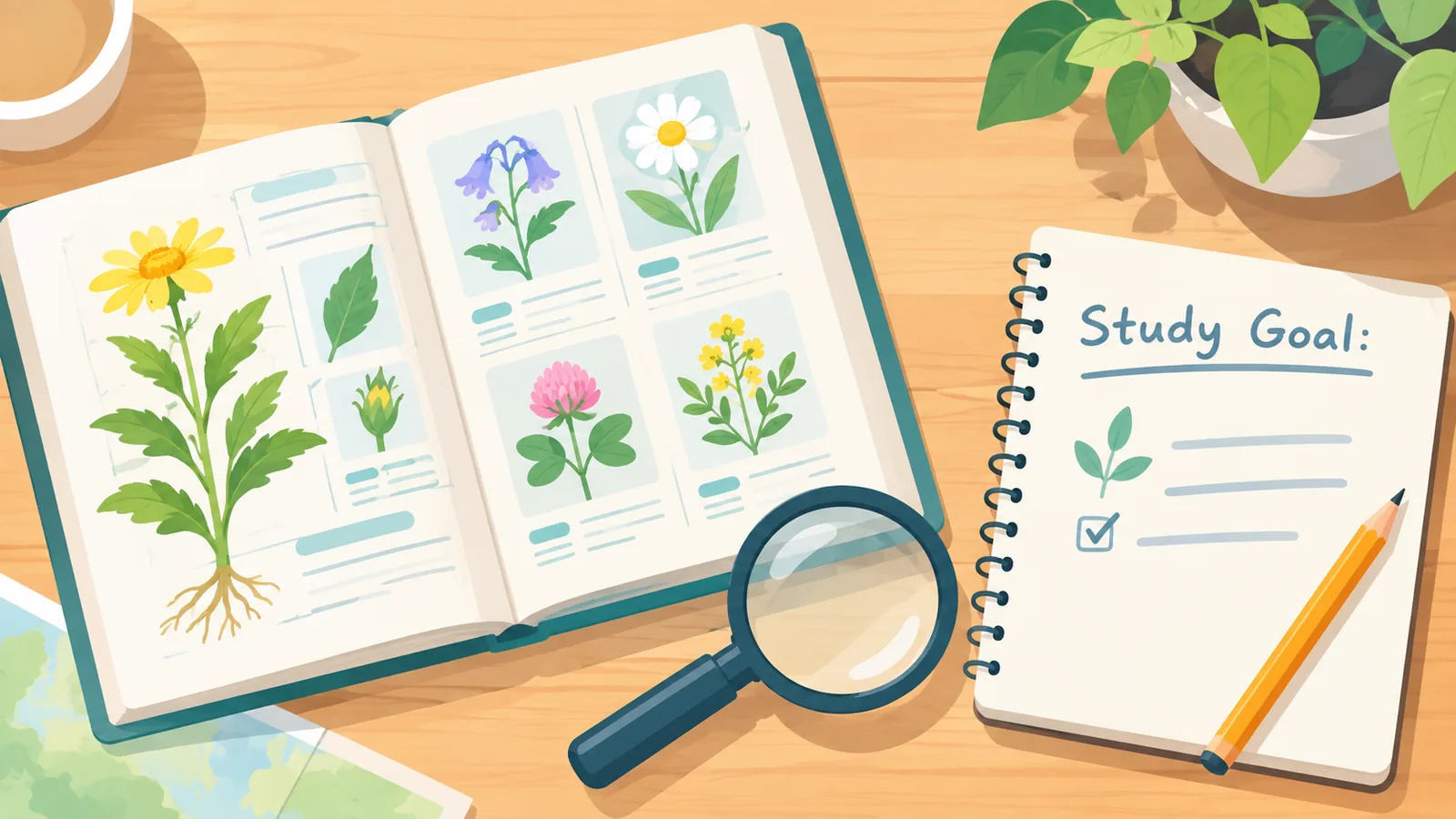 Guía de botánica, lupa y cuaderno sobre una mesa de madera