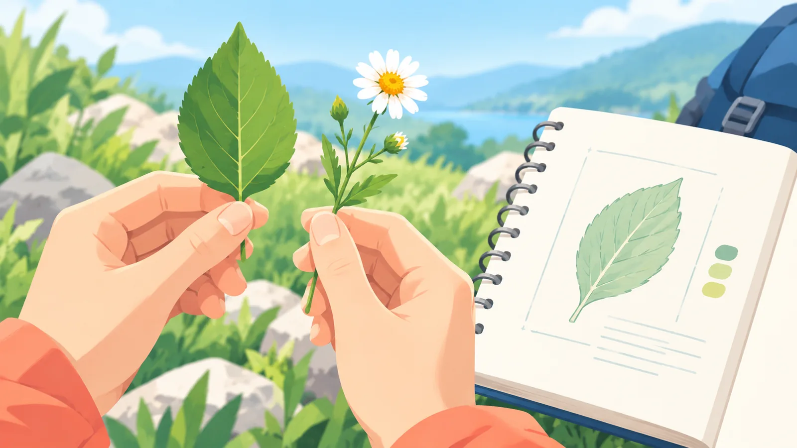 Manos sosteniendo una hoja junto a un cuaderno de campo con un dibujo