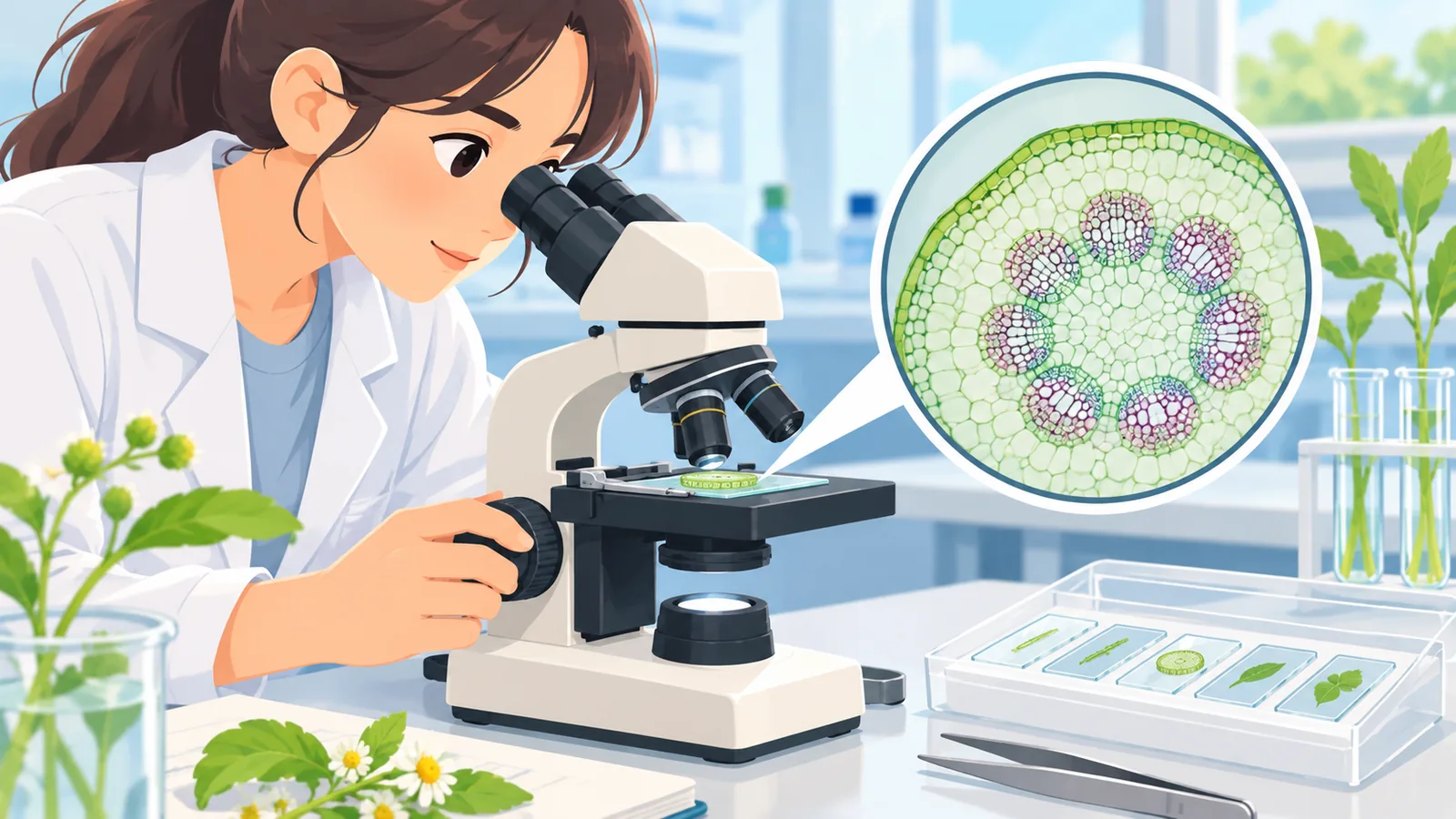Estudiante observando un corte de tallo en un microscopio escolar