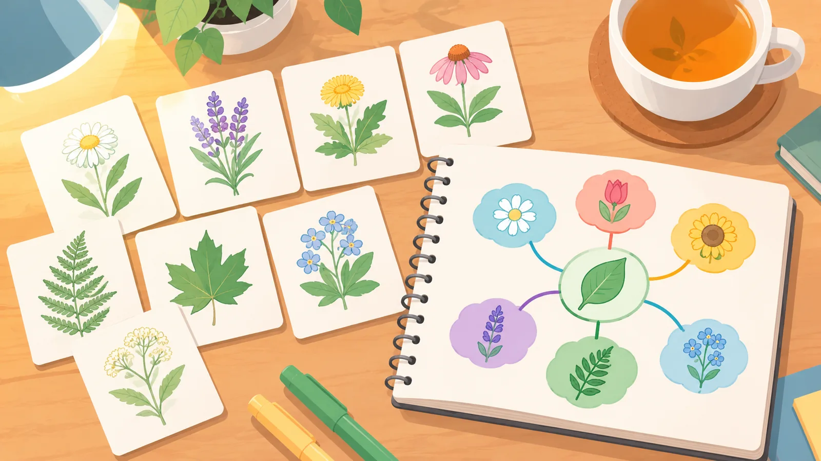 Fichas de estudio y mapa mental de familias botánicas sobre un escritorio
