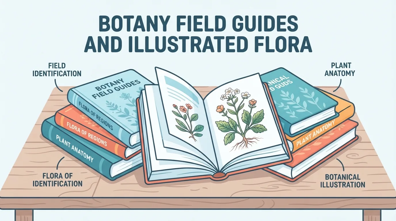 Varias guías de campo y libros de flora abiertos sobre una mesa