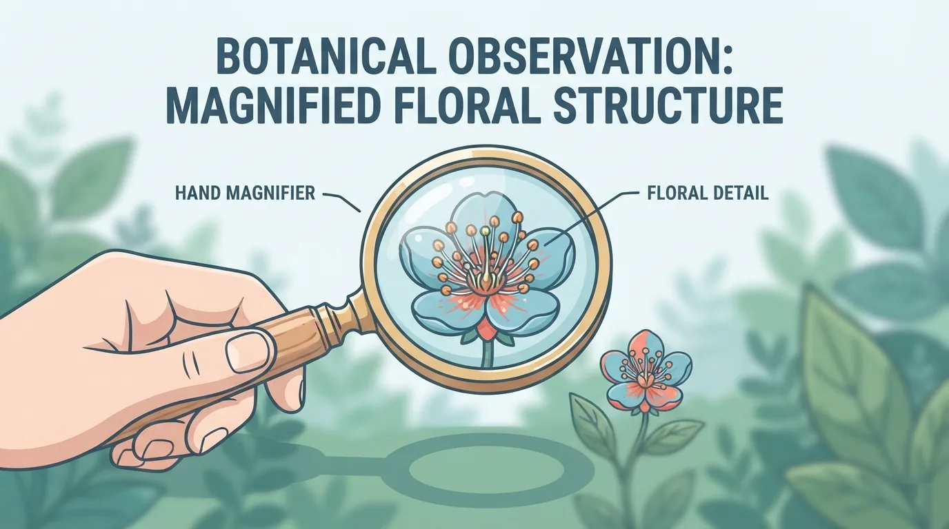 Lupa de mano sobre una flor mostrando pétalos y estambres