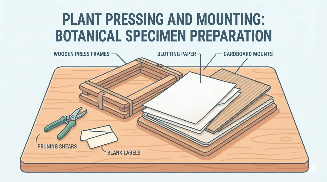 Prensa de plantas con papel secante, etiquetas y tijeras de podar