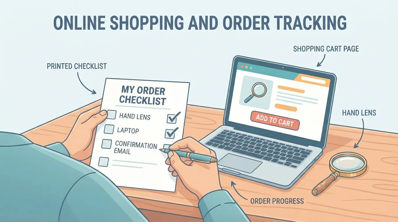 Lista de comprobación de compra junto a un portátil y una lupa