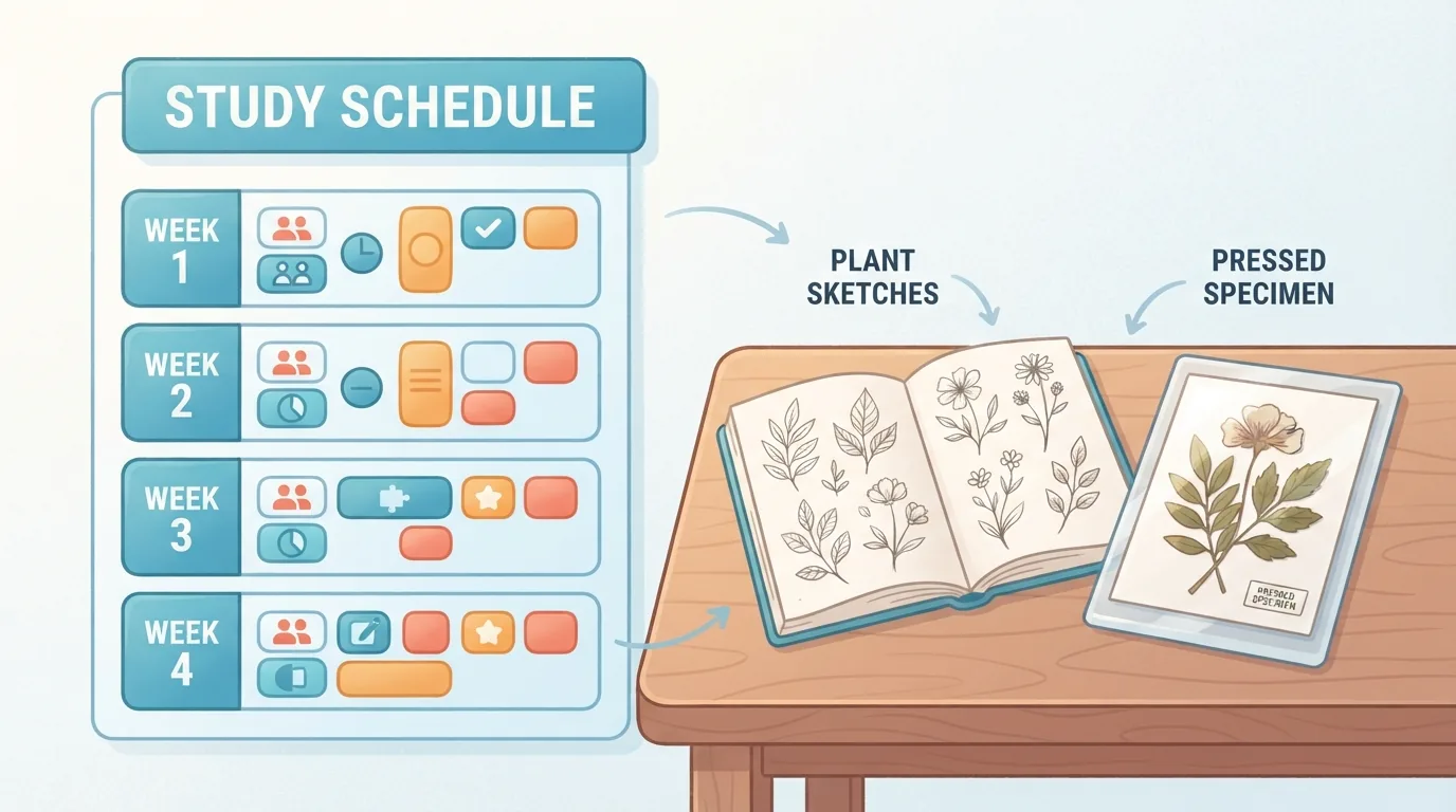 Calendario de cuatro semanas con cuaderno de dibujos de plantas