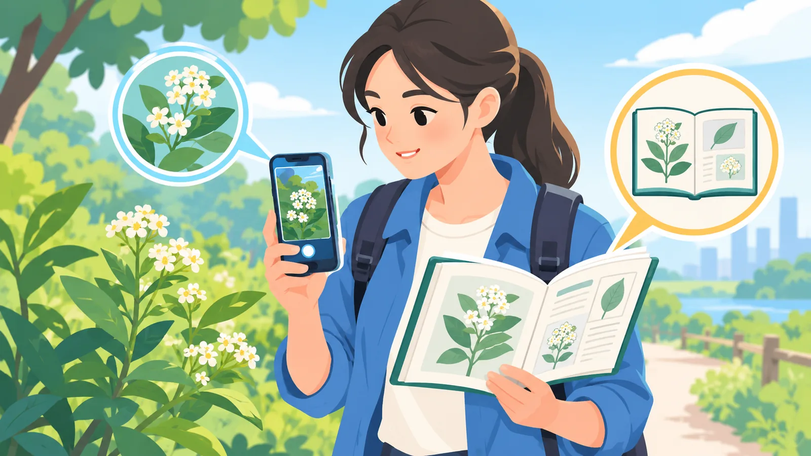 Persona contrastando una planta con el móvil y una guía impresa
