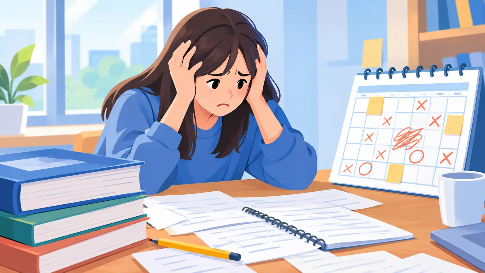 Estudiante agobiado ante apuntes desordenados y un calendario caótico