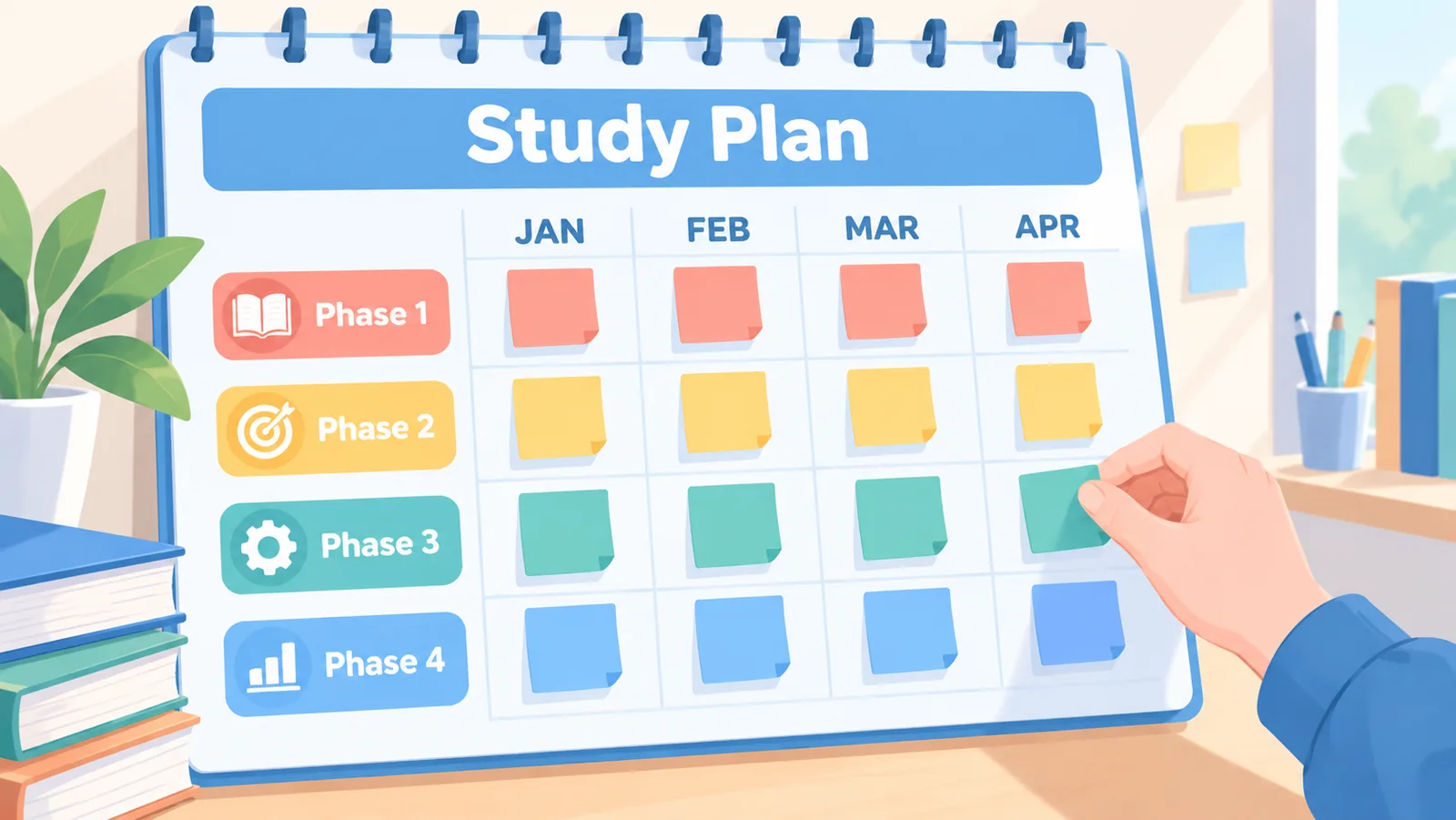 Calendario de pared con notas adhesivas que marcan las fases de estudio