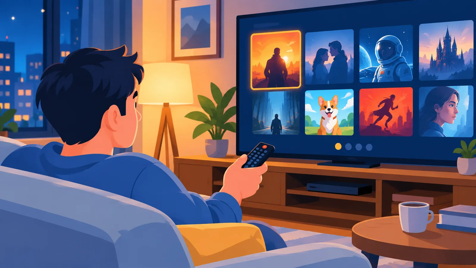 Persona en el sofá comparando opciones de películas en una pantalla de televisión por la noche