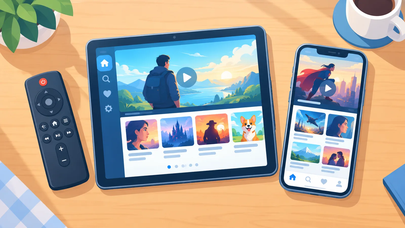 Varios dispositivos mostrando distintas aplicaciones de streaming sobre una mesa