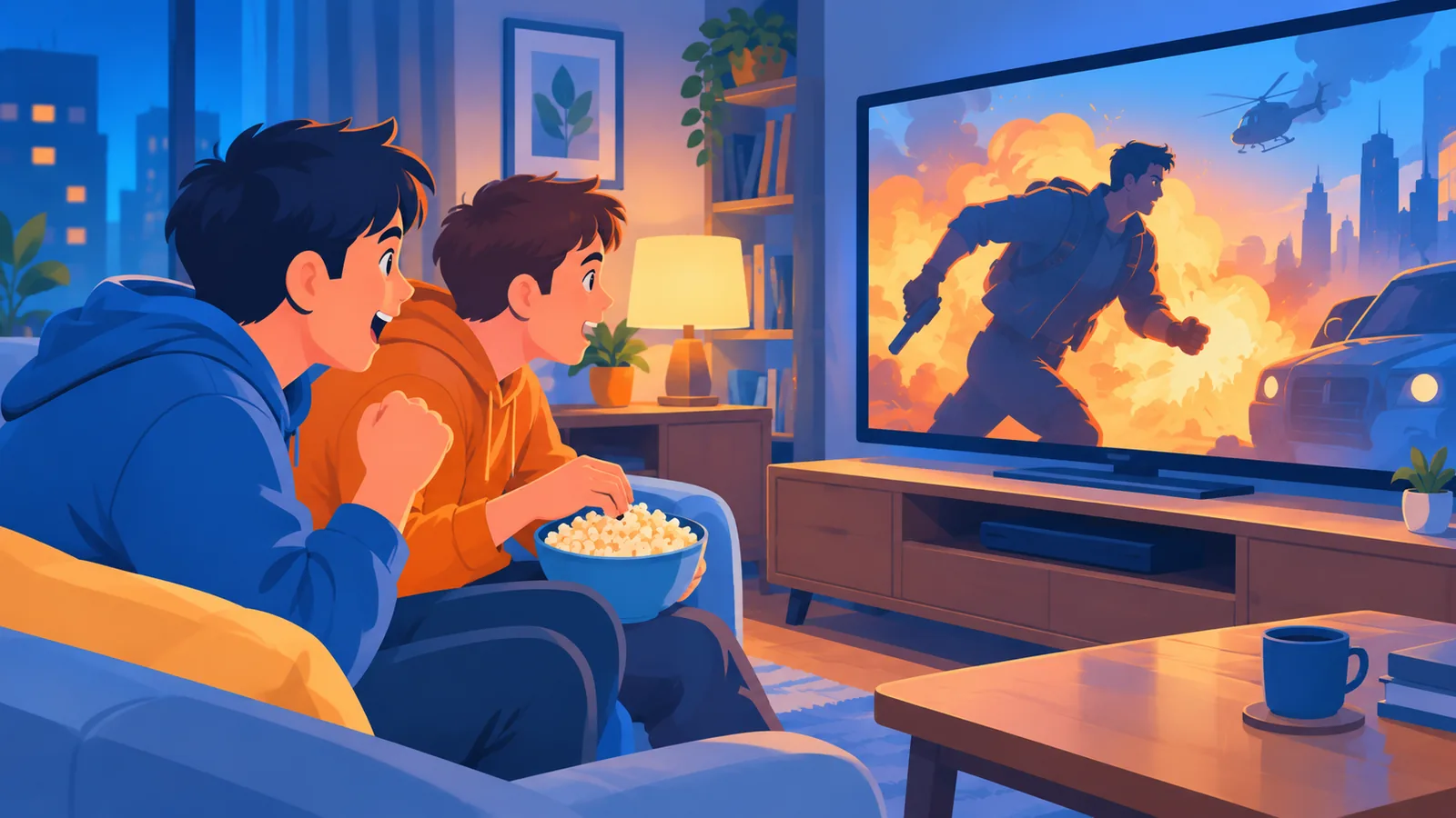 Grupo de amigos viendo una película de acción en el salón con palomitas
