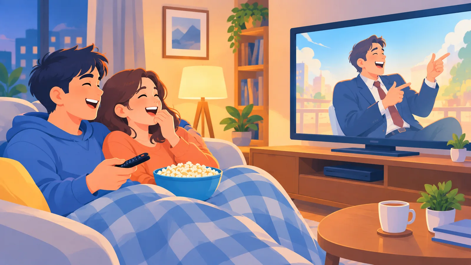 Pareja riendo en el sofá frente al televisor