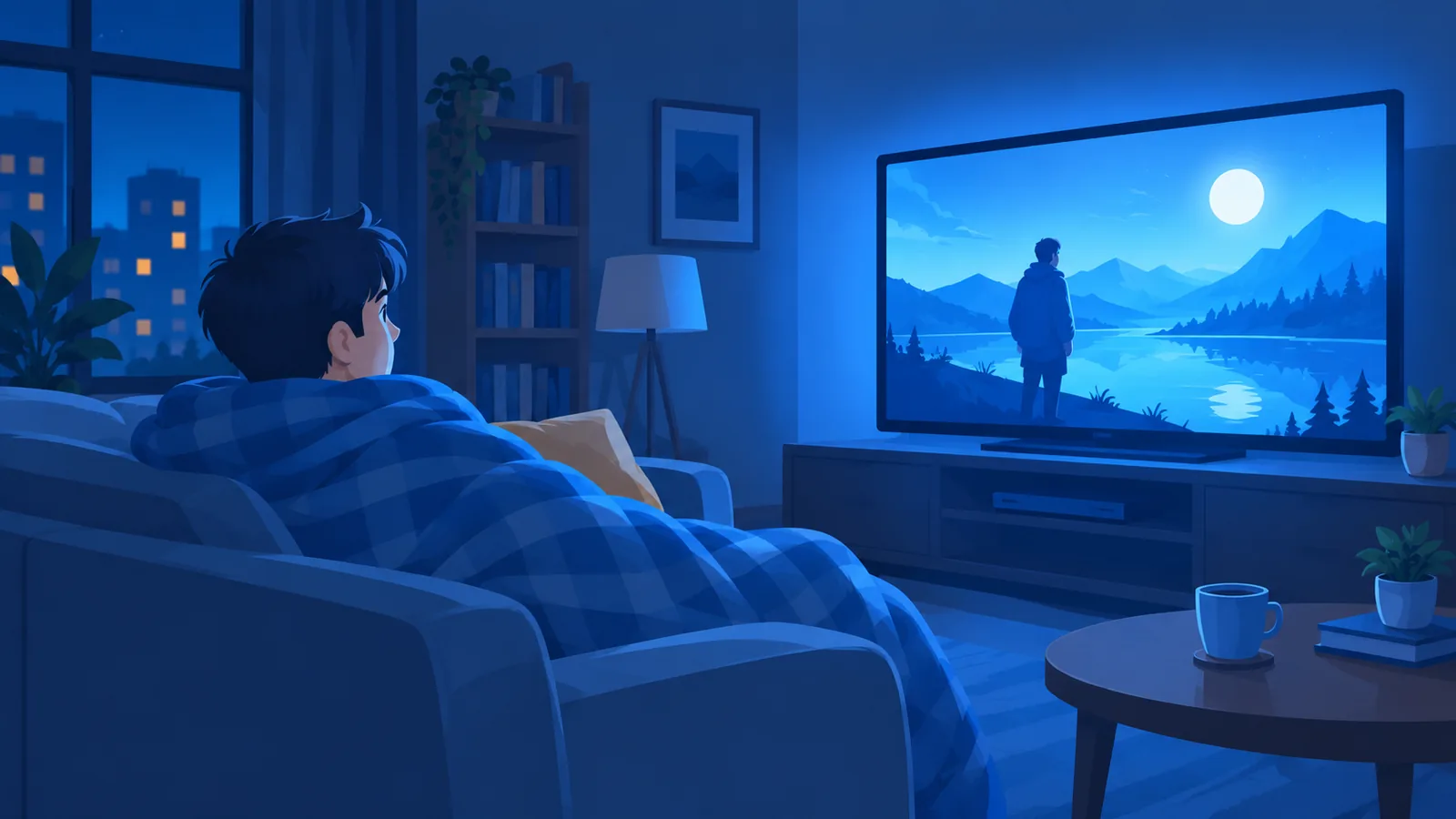 Salón a oscuras con la luz azulada del televisor