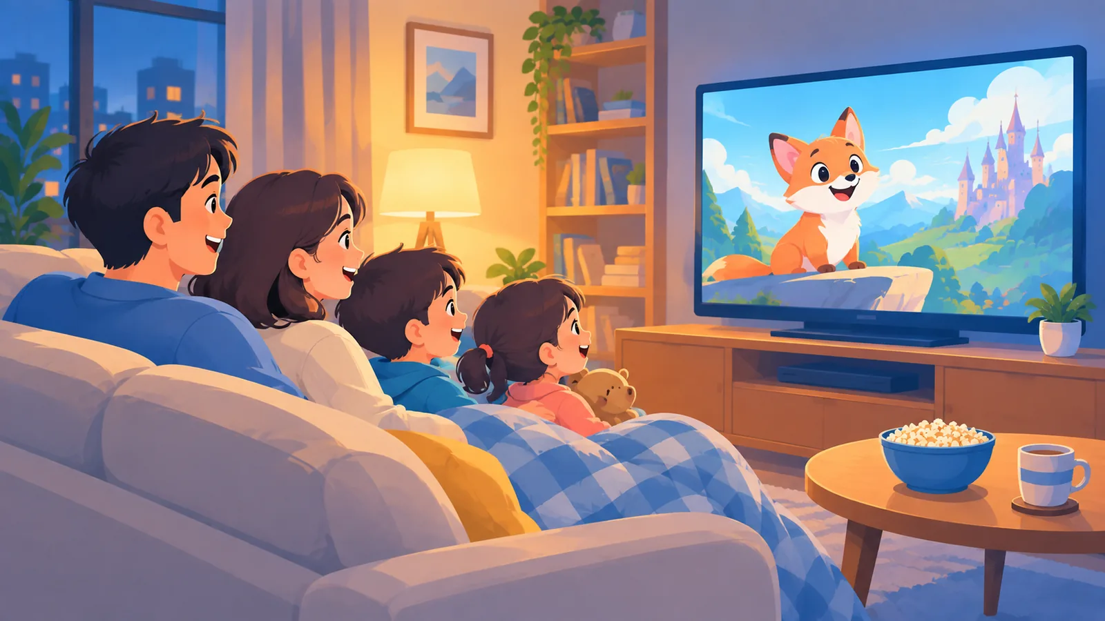 Familia con niños viendo una película animada en el salón