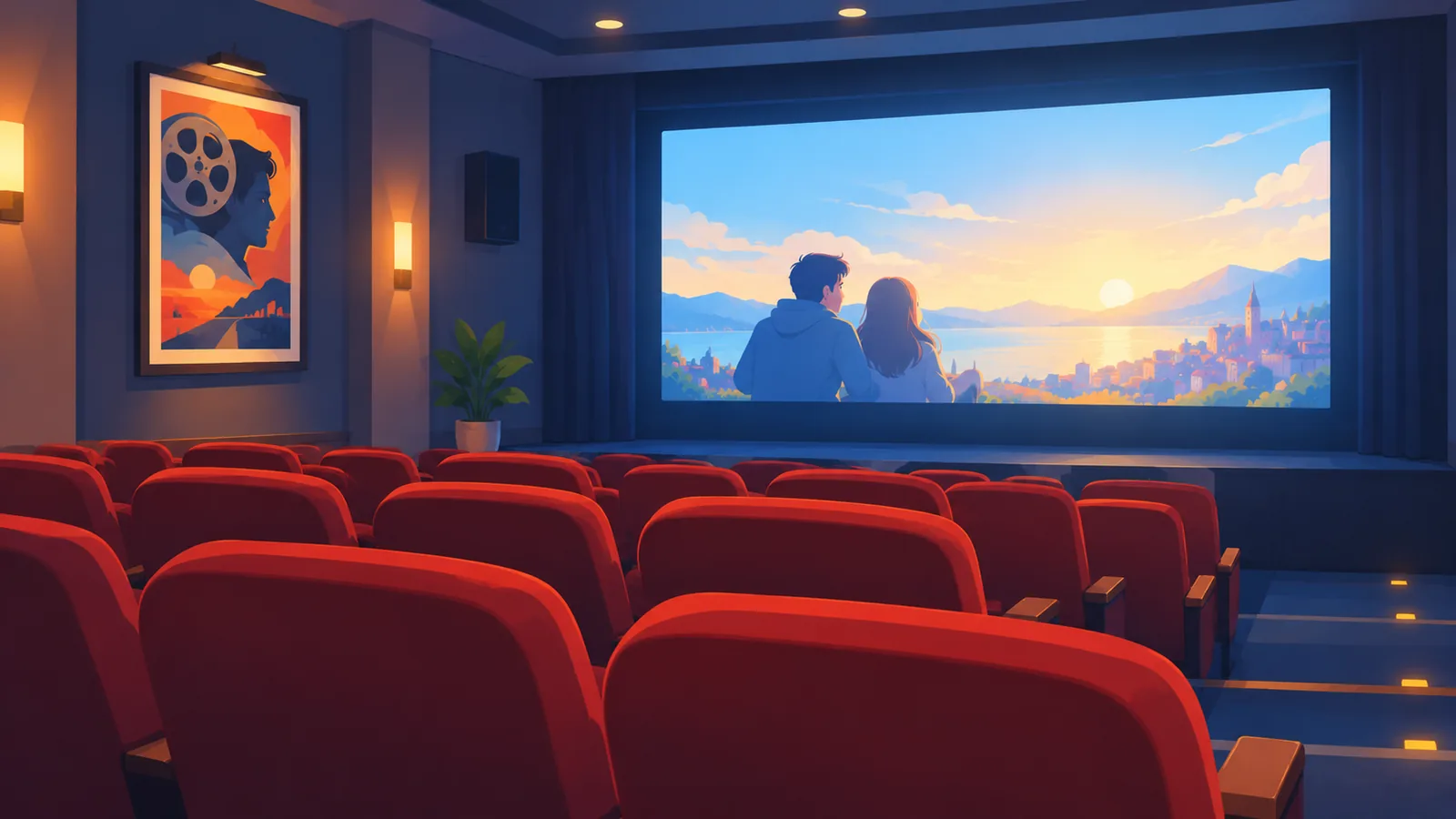 Cine pequeño con butacas vacías y una pantalla iluminada