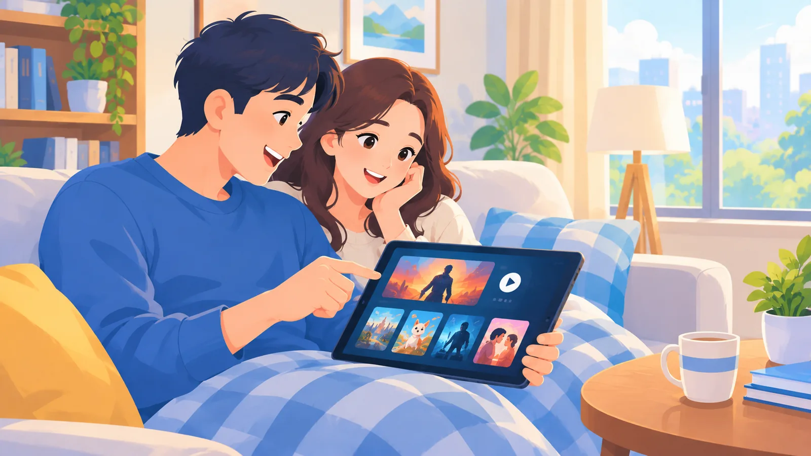 Pareja eligiendo una película en una tableta en el salón