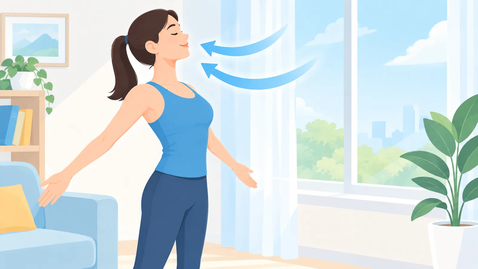 Persona de pie realizando una rutina de respiración y estiramiento suave