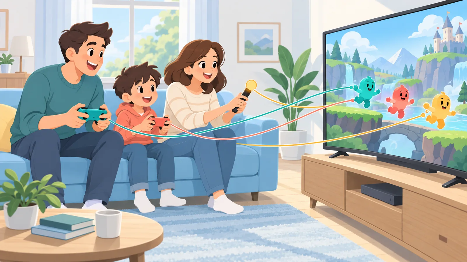 Familia jugando junta con mandos distintos en el salón