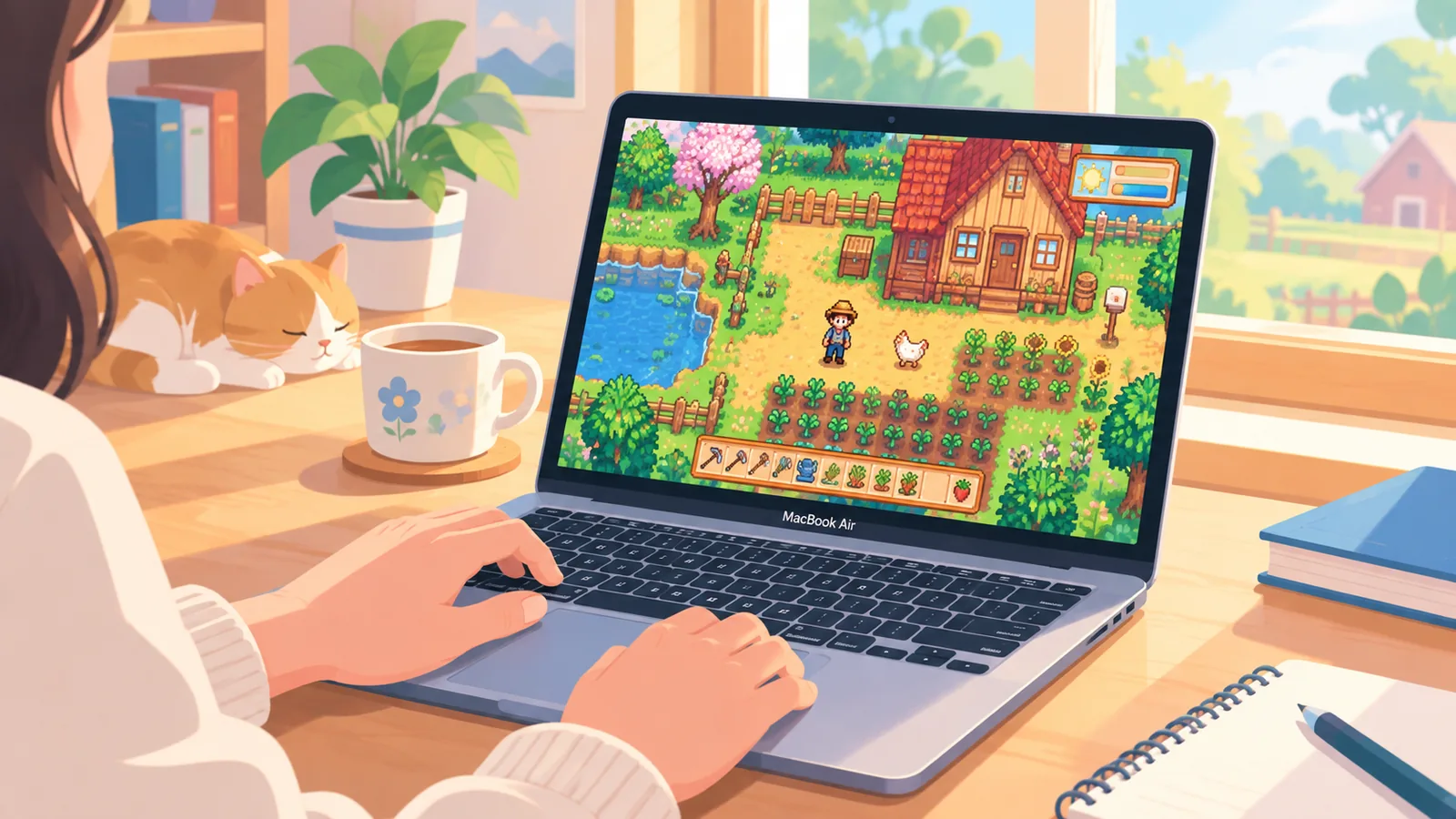 Juego indie de simulación de granja en un MacBook Air