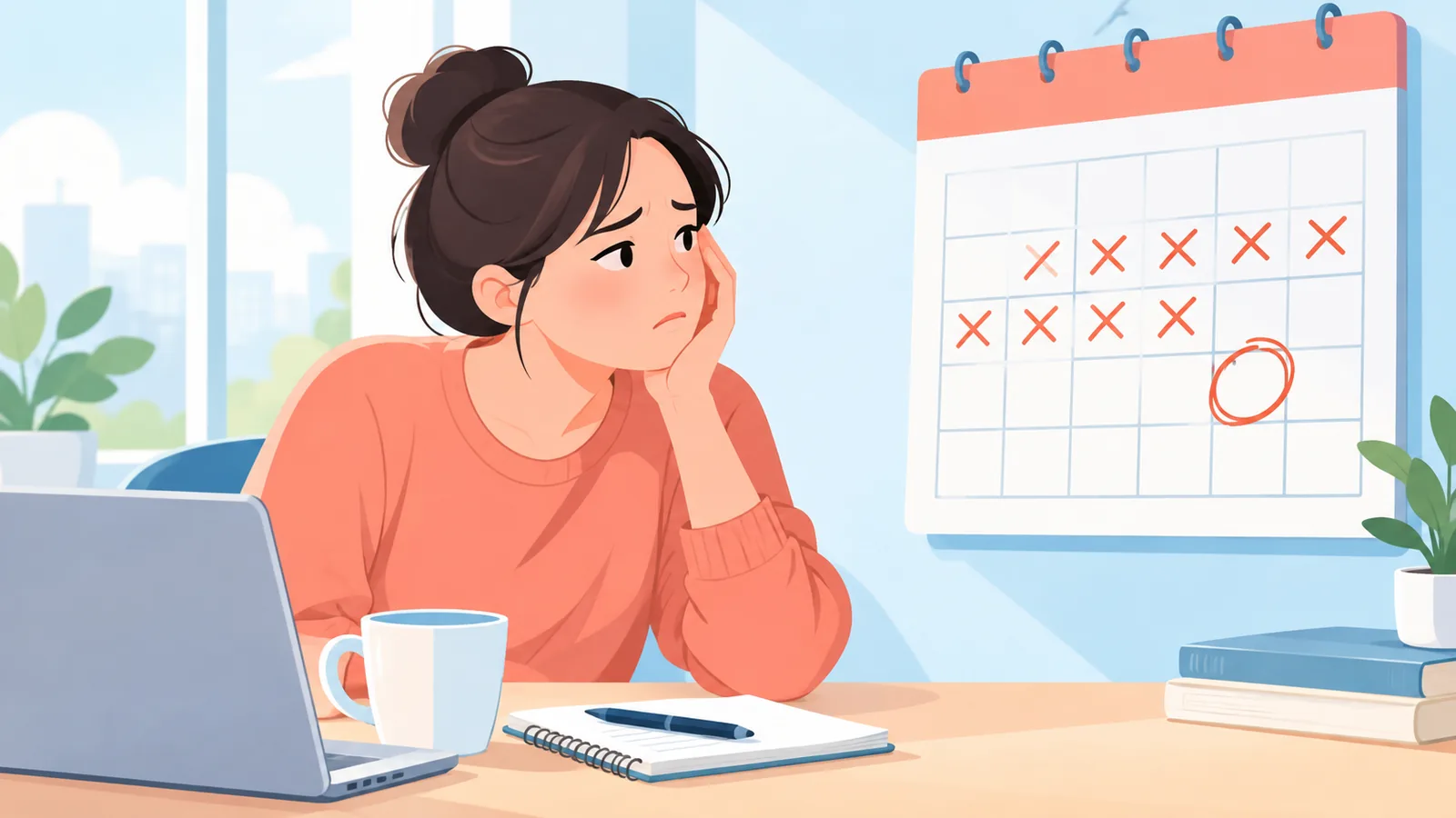 Persona frustrada revisando un calendario con hábitos incumplidos