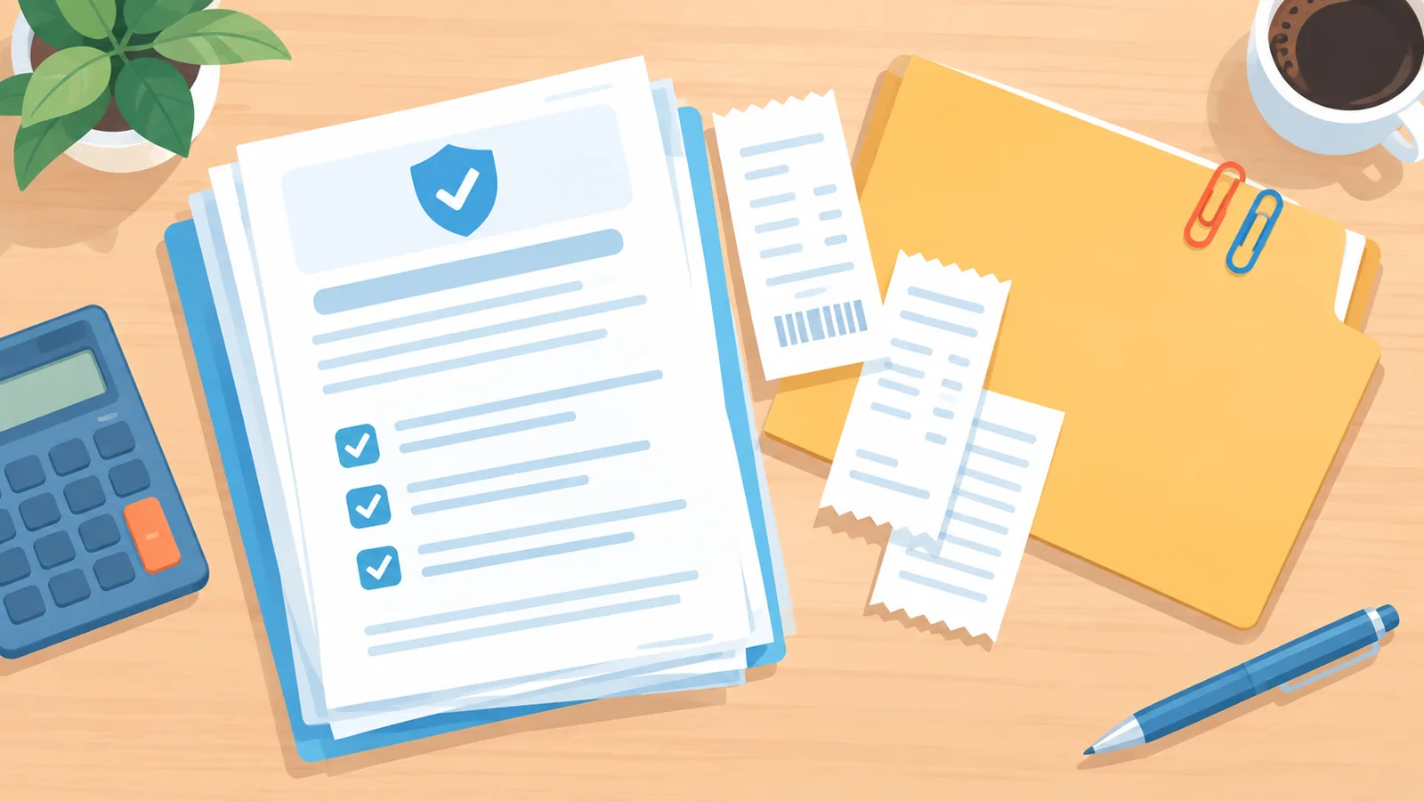 Documentos organizados para un reclamo de seguro sobre una mesa