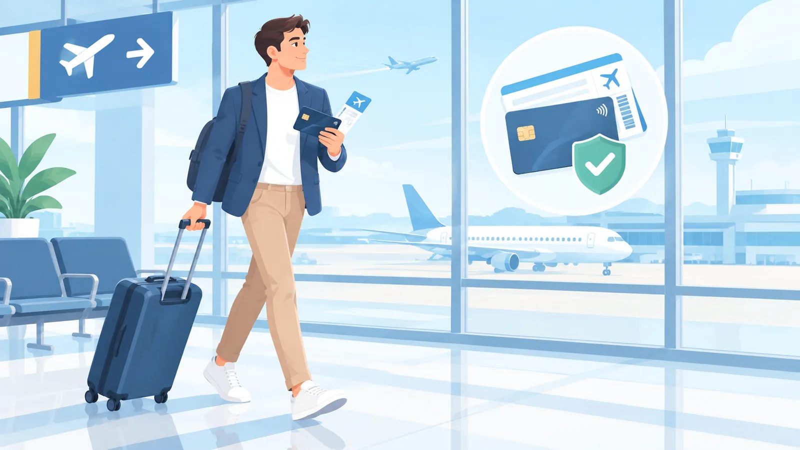 Viajero con maleta y tarjeta de crédito en el aeropuerto