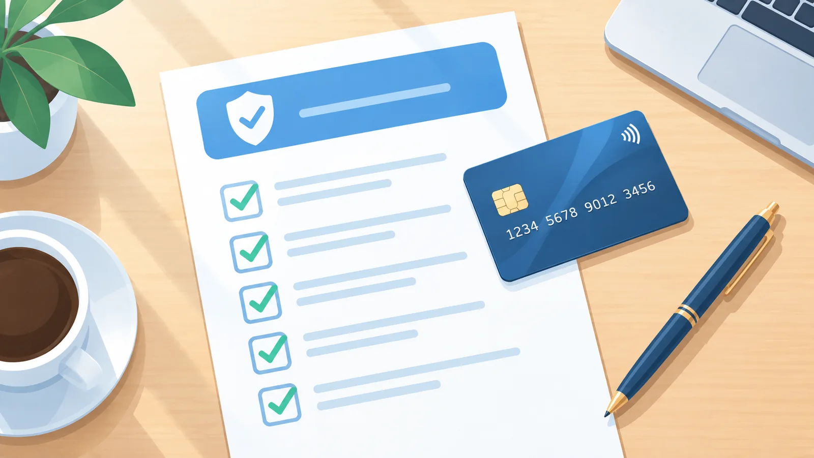 Lista de verificación junto a una tarjeta de crédito