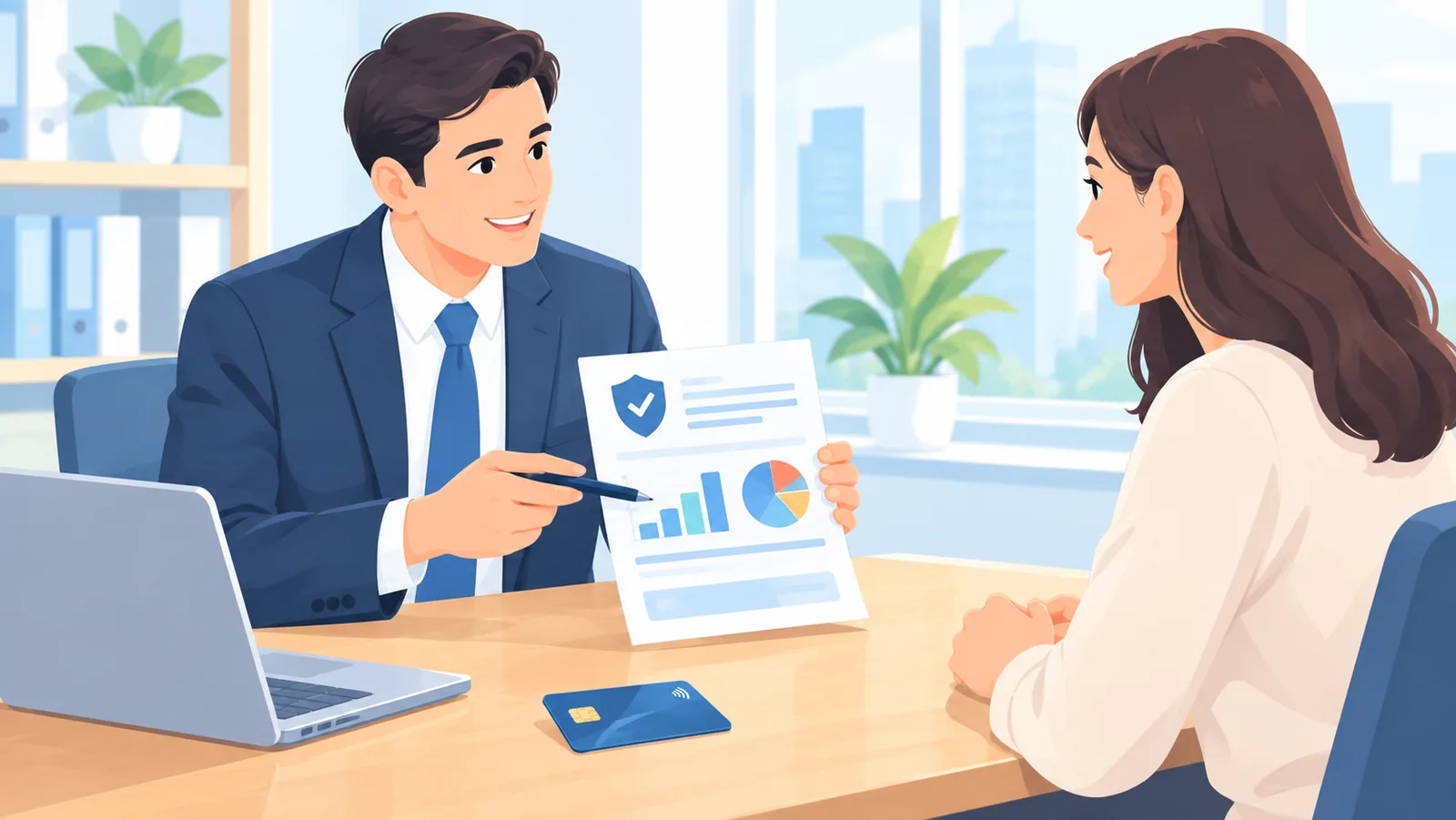 Asesor financiero respondiendo dudas sobre tarjetas premium