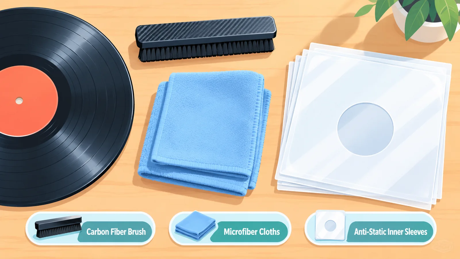 Kit básico de limpieza para vinilos sobre una mesa de madera