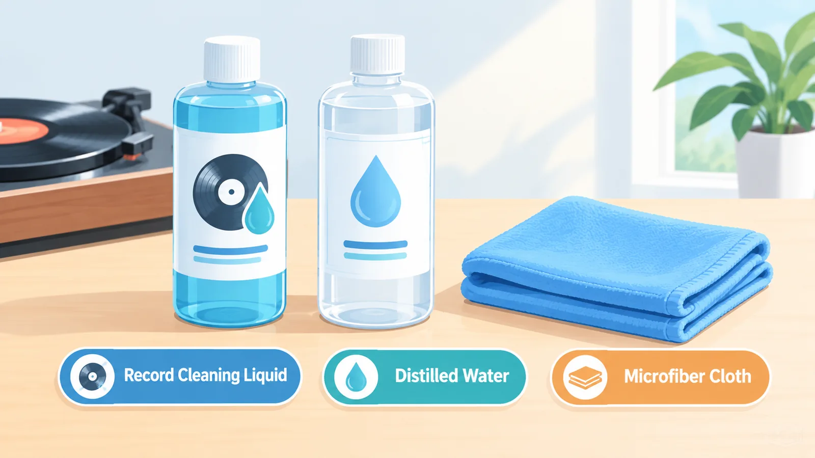 Botellas de líquido de limpieza y agua destilada junto a un paño de microfibra